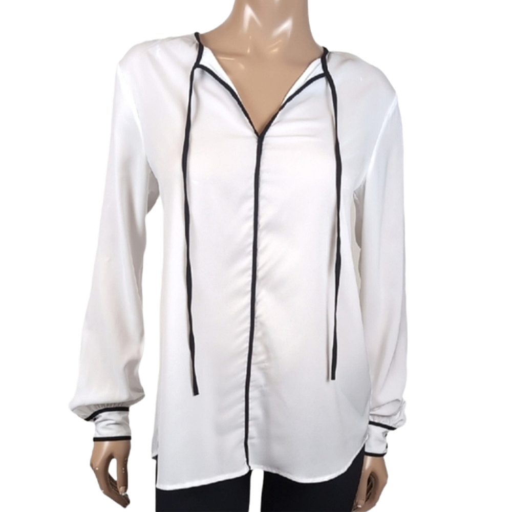 RW&CO Long Sleeve Relaxed Blouse Tie Neck Womens Size Small White Top